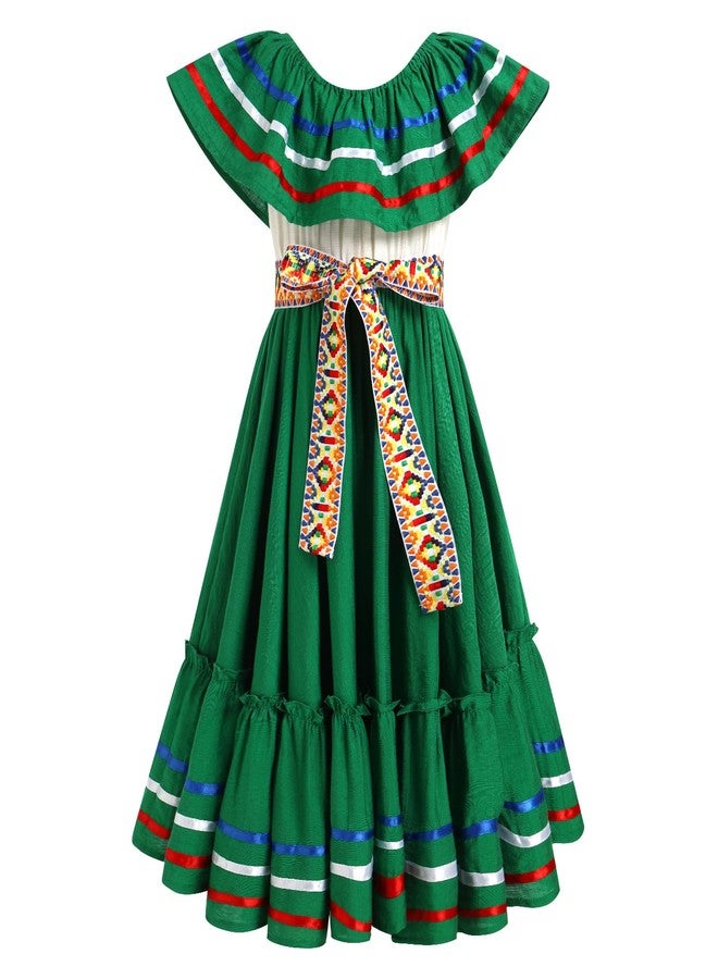 ODIZLI Mexican Dress for Girls Traditional Cinco de Mayo Fiesta Dresses for Toddler Girl Off-Shoulder Sleeveless Kids Vestidos Tipicos Mexicanos Flamenco Dress Ruffle Drape A Line Dress Green 9-10 Years - Image 1